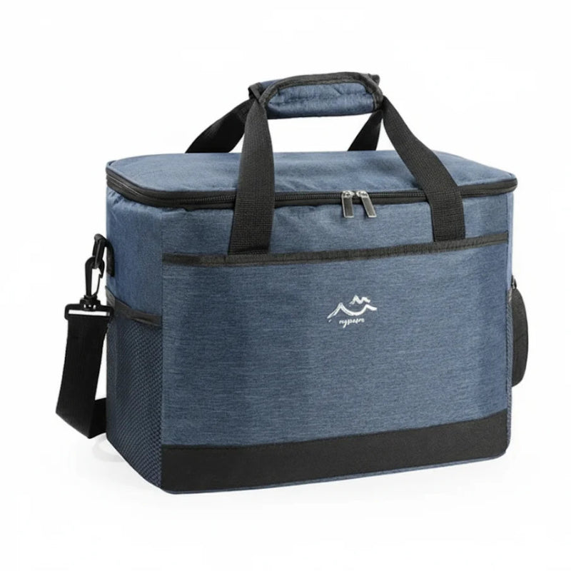 sac isotherme bleu chiné avec base noire, bandoulière et poignées renforcées, présenté en vue studio sur fond blanc