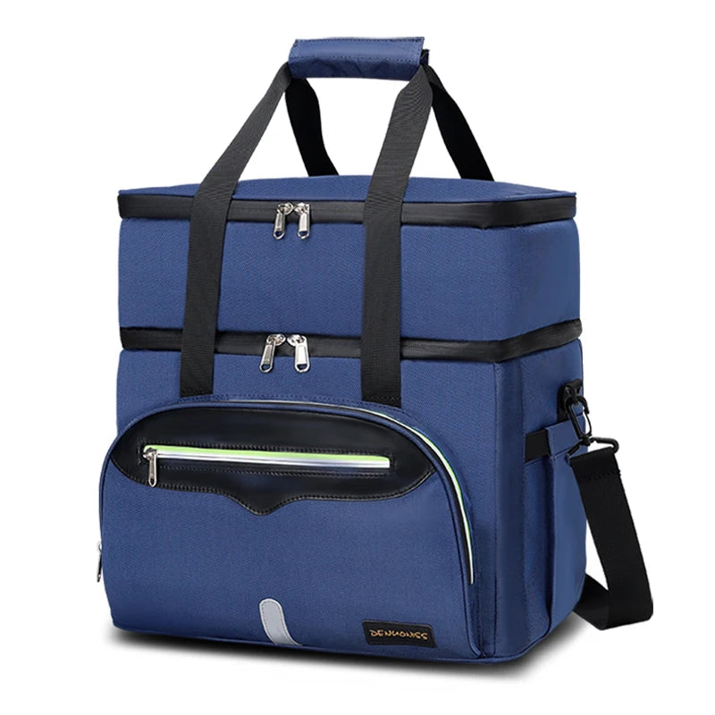 Sac isotherme bleu de grande capacité avec double compartiment et sangle réglable.