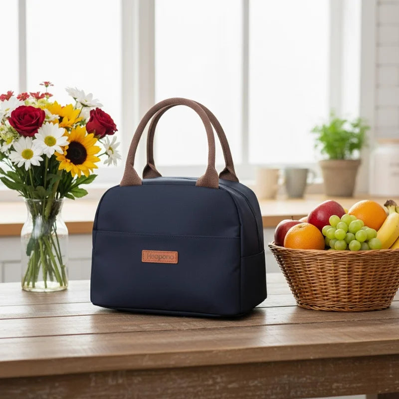 Sac isotherme bleu marine posé sur une table de cuisine en bois, avec un panier de fruits et un bouquet de fleurs en arrière-plan.