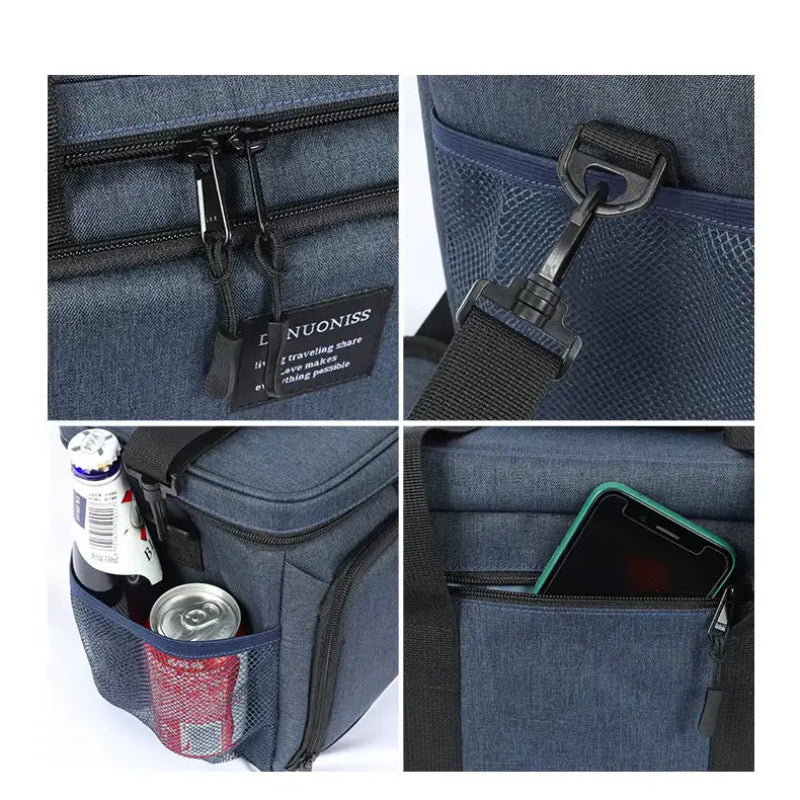 Détails du sac isotherme bleu marine : fermetures éclair renforcées, crochet de bandoulière, poche filet latérale pour boissons et poche arrière zippée pour smartphone.