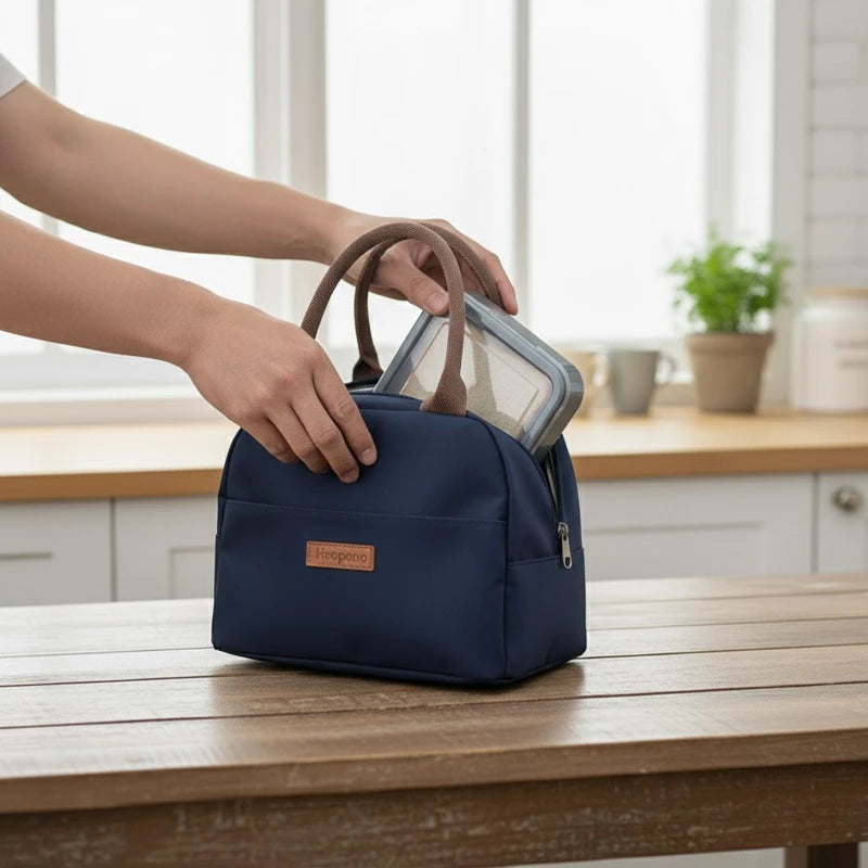 Sac isotherme bleu marine posé sur une table de cuisine, une personne range un récipient alimentaire à l’intérieur.