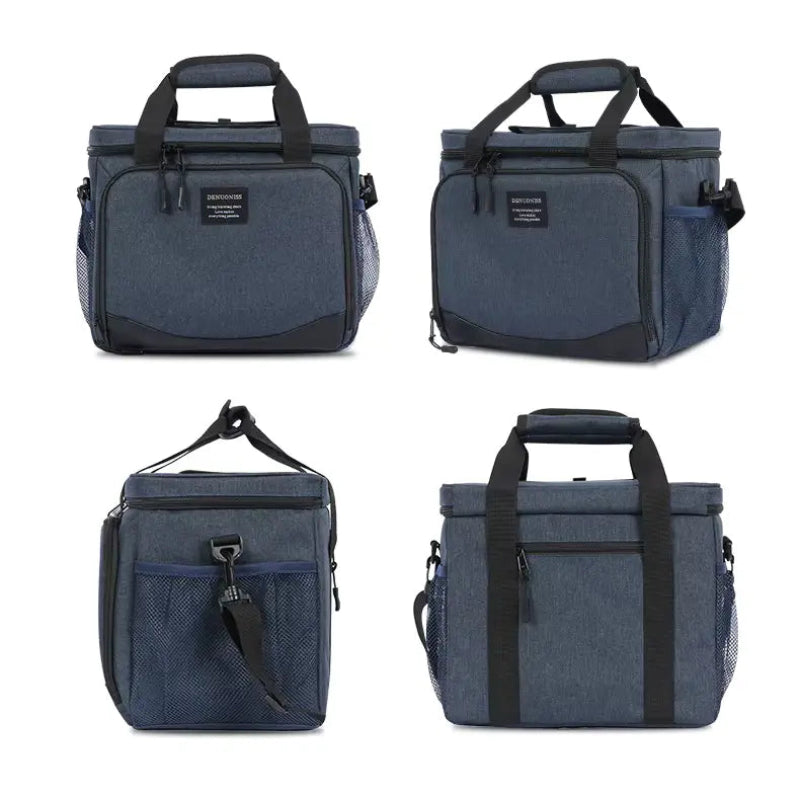 Vues multiples d’un sac isotherme bleu marine : face avant, côté avec poche filet, vue latérale avec attache de bandoulière et vue arrière avec poche zippée.