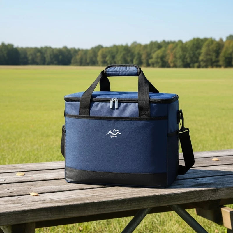 sac isotherme bleu et noir posé sur une table en bois en extérieur, avec poignées et bandoulière, sous un ciel clair