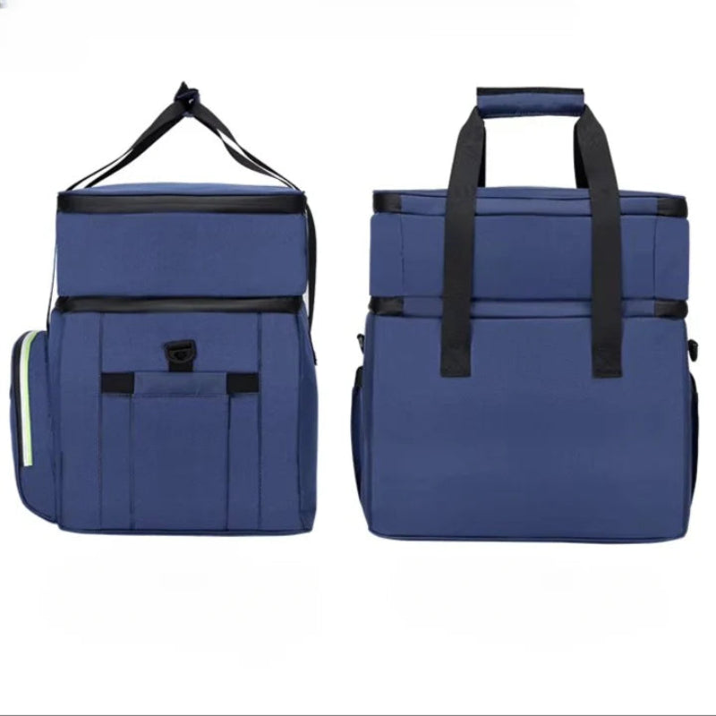 Sac isotherme bleu vu de dos et de côté, montrant les poches extérieures et les sangles.