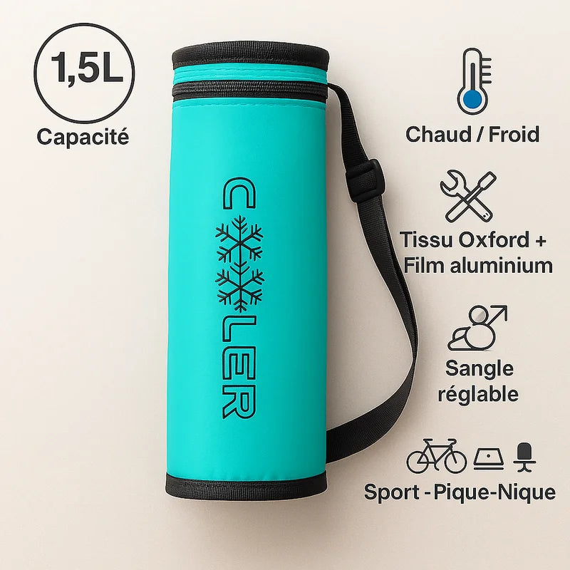 Sac isotherme bouteille bleu turquoise de 1,5 L avec sangle réglable, conçu en tissu Oxford et doublé d’un film aluminium, pour garder les boissons chaudes ou froides pendant le sport ou les pique-niques.