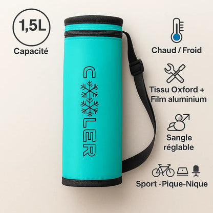 Sac isotherme bouteille bleu turquoise de 1,5 L avec sangle réglable, conçu en tissu Oxford et doublé d’un film aluminium, pour garder les boissons chaudes ou froides pendant le sport ou les pique-niques.