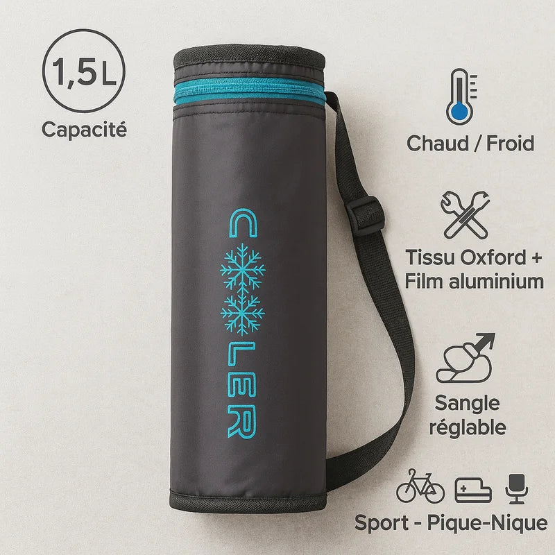 Sac isotherme bouteille gris de 1,5 L avec sangle réglable, conçu en tissu Oxford et doublé d’un film aluminium, idéal pour garder les boissons chaudes ou froides lors du sport ou des pique-niques.