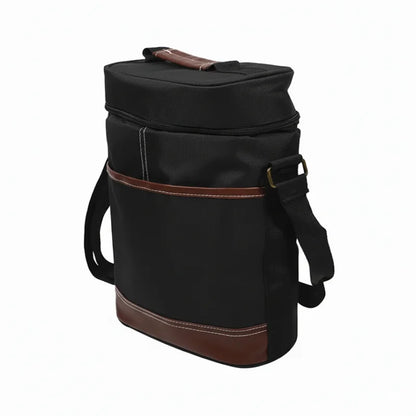Sac isotherme bouteille noir avec détails marron et bandoulière de face et coter, conçu pour transporter une bouteille au frais.