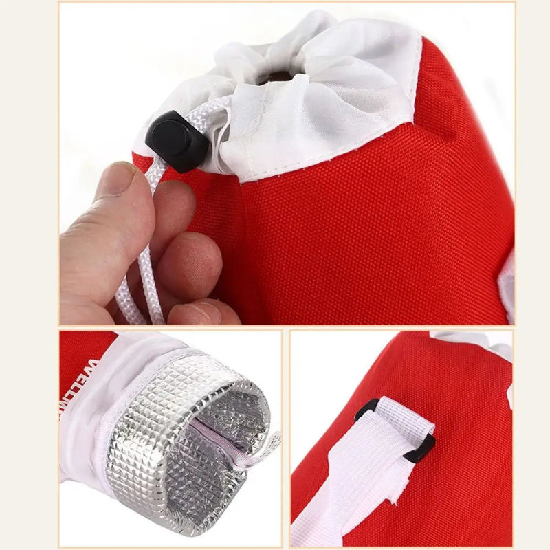 Détails du sac isotherme pour bouteille rouge : cordon de serrage, intérieur isolant argenté et attache de sangle blanche.