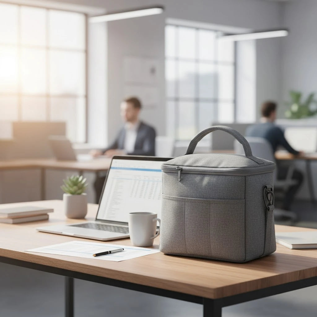 Sac isotherme gris posé sur un bureau lumineux, à côté d’un ordinateur portable, d’une tasse et d’une plante verte, illustrant un environnement de travail moderne et organisé.