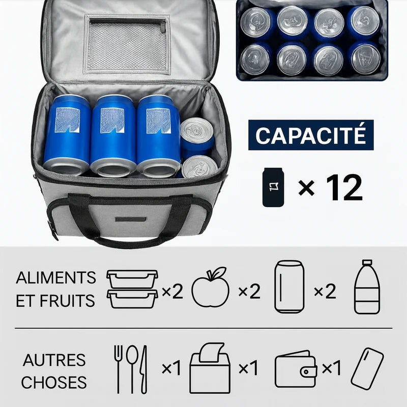 Illustration de la capacité d’un sac isotherme gris contenant jusqu’à 12 canettes, avec des pictogrammes indiquant les aliments, boissons et objets qu’il peut transporter.