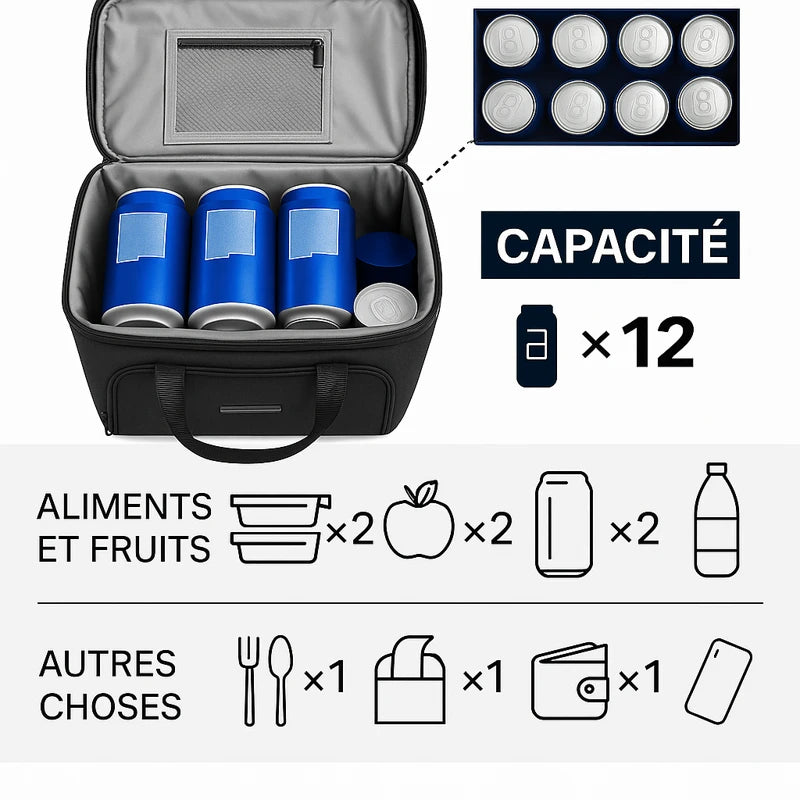 Vue intérieure d’un sac isotherme noir montrant une capacité de 12 canettes, avec des illustrations indiquant la quantité d’aliments, boissons et accessoires pouvant être transportés.