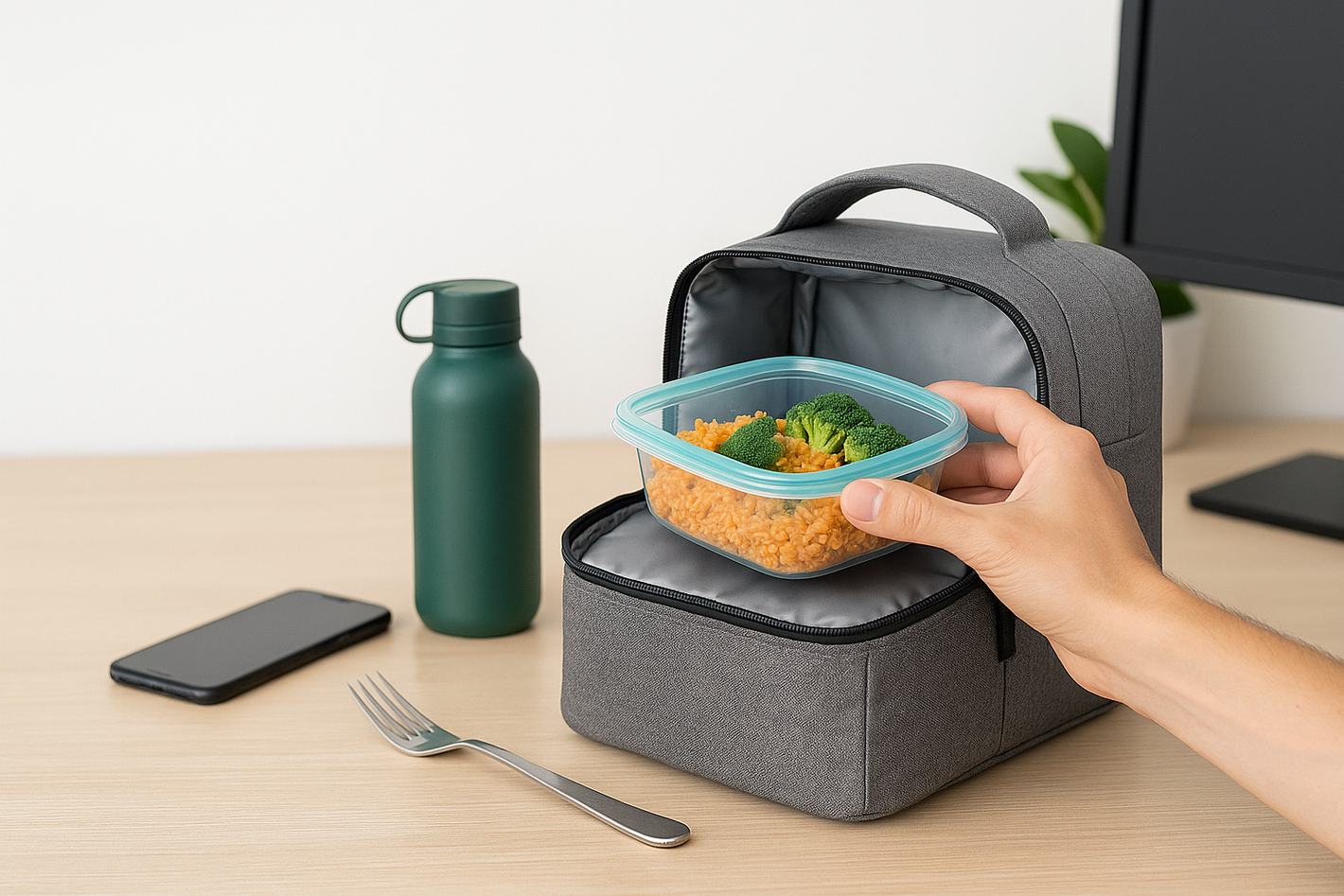 sac isotherme lors d'un déjeuner au bureau