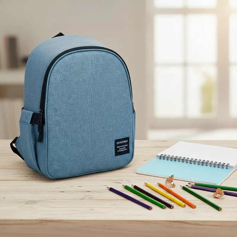 Sac isotherme bleu pour enfant vu de côté, posé sur une table en bois avec un cahier ouvert et des crayons de couleur, dans une ambiance lumineuse de salle de classe.