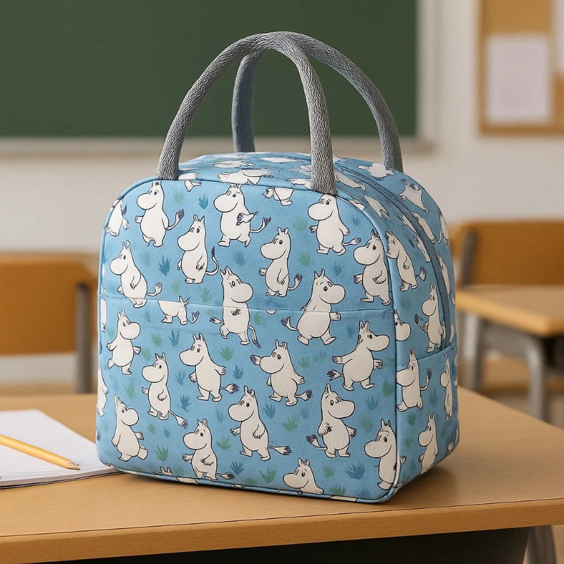 Petit sac isotherme avec motif hippopotame bleu poser sur un bureau