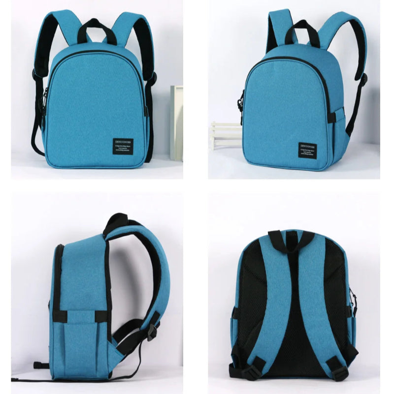 Montage de plusieurs vues d’un sac isotherme enfant bleu, montré de face, de côté et de dos.