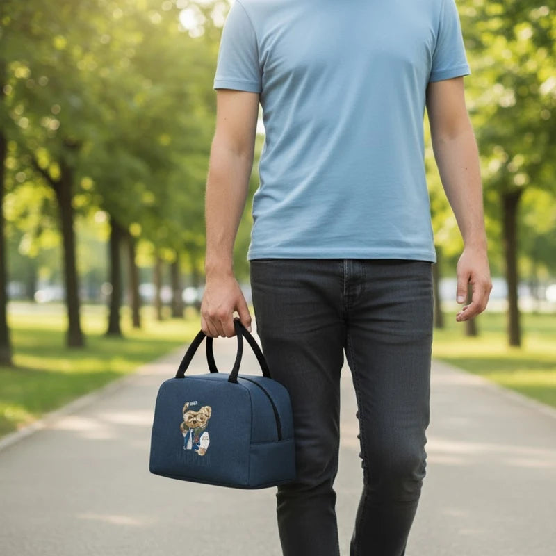 Sac isotherme bleu avec motif ourson Happier porté à la main dans un parc arboré.