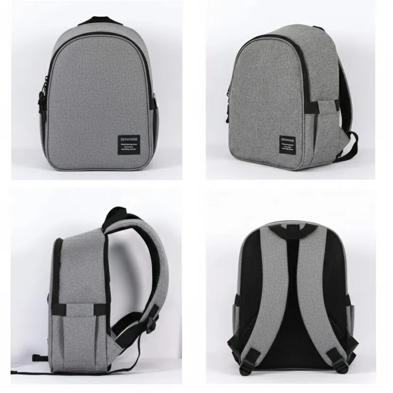 Montage de quatre vues d’un sac isotherme gris pour enfant : face, trois-quarts, profil et dos, présenté sur fond blanc.