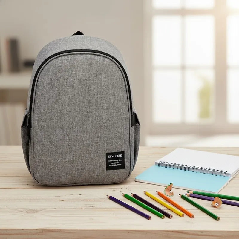 Sac isotherme gris vu de face posé sur une table en bois, avec cahier ouvert et crayons de couleur autour, dans une ambiance lumineuse de salle de classe.
