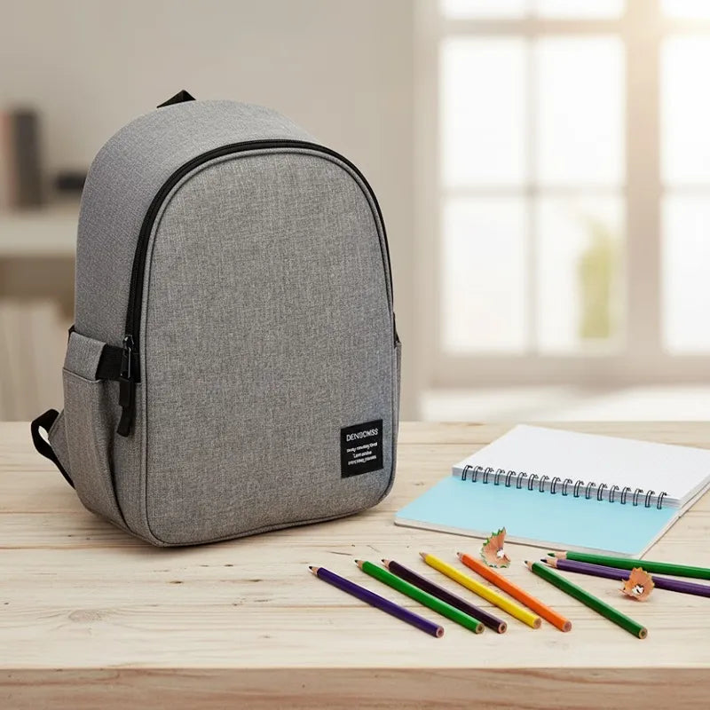 Sac isotherme gris posé sur une table en bois, avec cahier ouvert et crayons de couleur autour, dans une ambiance lumineuse de salle de classe.