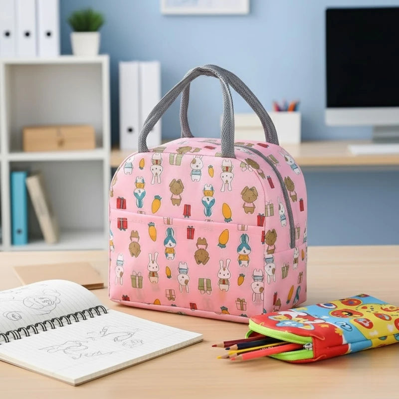 Sac isotherme enfant rose avec motifs animaux posé sur un bureau, à côté d’un cahier et d’une trousse.