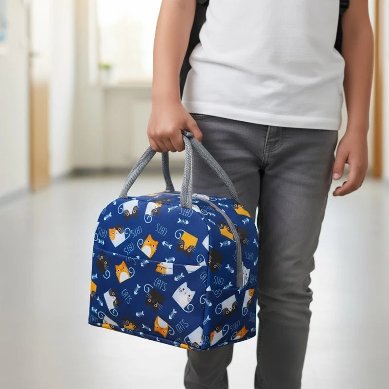 Sac isotherme pour enfant bleu avec motifs chats, porté à la main dans un environnement scolaire.