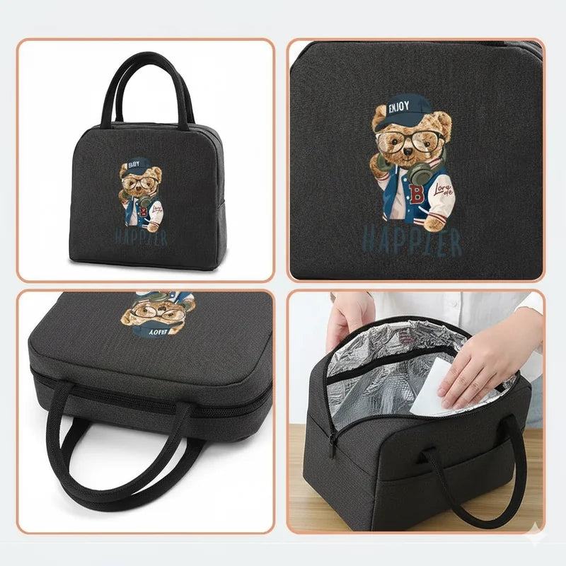 Montage de quatre vues d’un sac isotherme enfant noir avec motif ourson “Happier”, montrant l’avant du sac, le détail du motif, la vue du dessus et l’intérieur isotherme argenté.