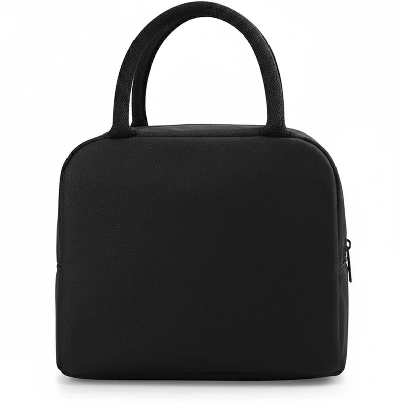 Vue arrière d’un sac isotherme enfant noir, montrant la surface lisse et les poignées en tissu.