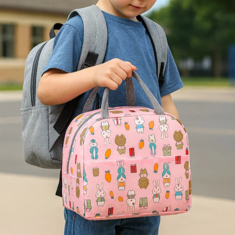 Petit sac isotherme pour enfant rose avec motif lapin  porter par un enfant