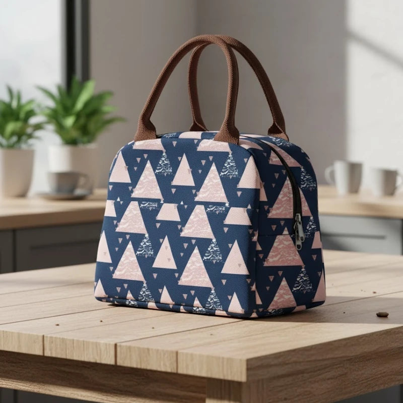 Sac isotherme repas pour femme, bleu marine à motifs triangles roses, posé sur une table en bois dans une cuisine lumineuse avec des plantes et des tasses en arrière-plan.