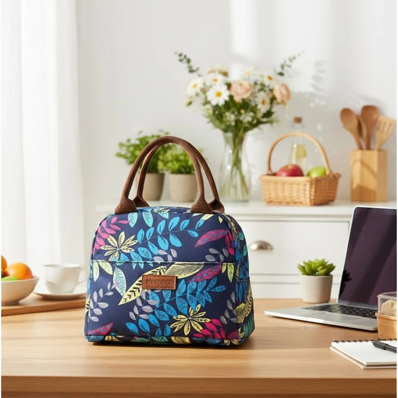 Sac isotherme à motifs de feuilles multicolores posé sur un bureau en bois clair, dans une pièce lumineuse avec fleurs fraîches, ordinateur portable et panier de fruits.