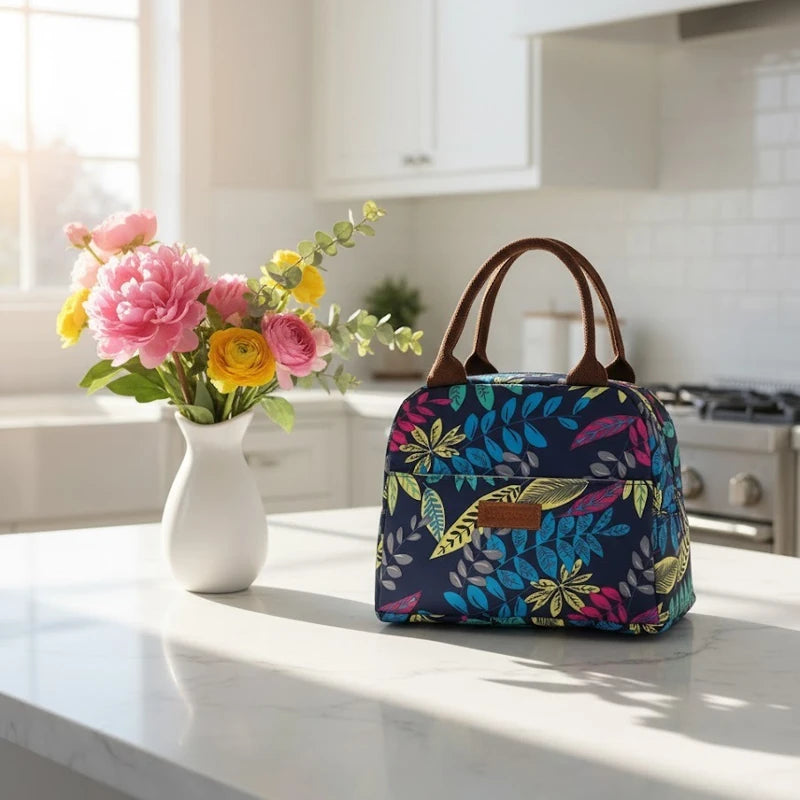 Sac isotherme à motifs de feuilles colorées posé sur un plan de travail en marbre dans une cuisine ensoleillée, à côté d’un vase de fleurs fraîches.