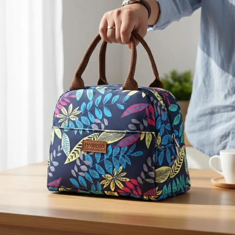 Sac isotherme à motifs de feuilles multicolores tenu par la main d’une personne, posé sur une table en bois avec une tasse blanche et une lumière naturelle douce. 