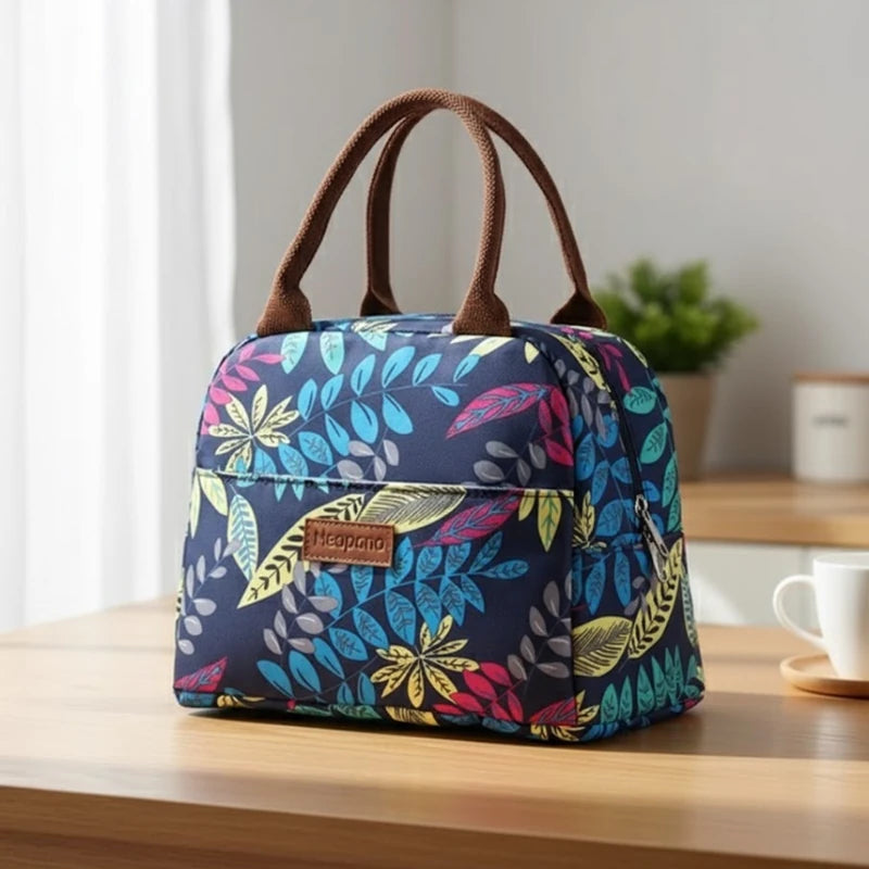 Sac isotherme à motifs de feuilles multicolores posé sur une table en bois, avec une tasse blanche et une plante en arrière-plan dans une pièce lumineuse.