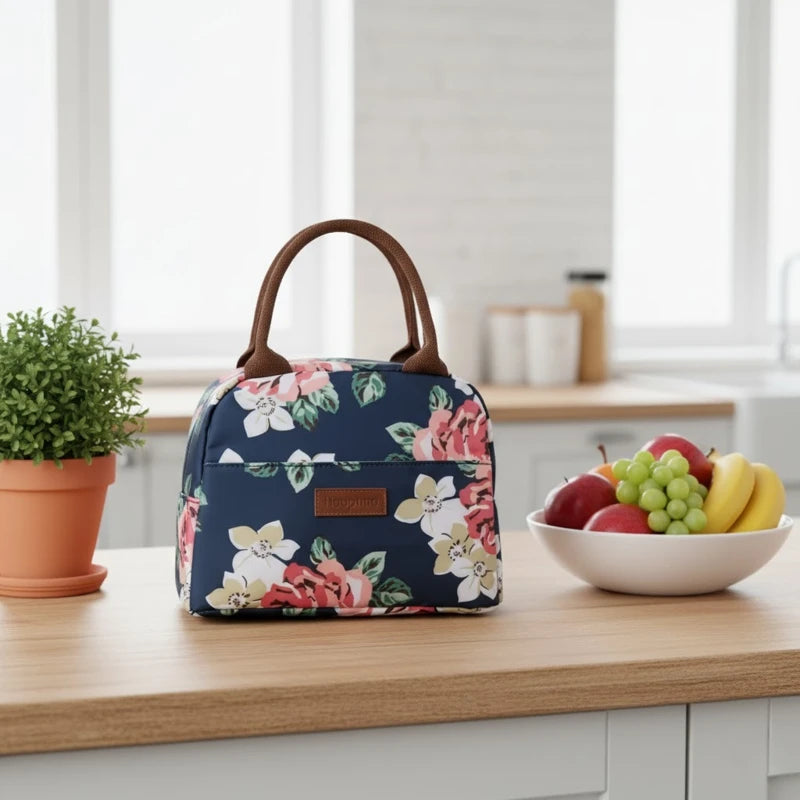 Sac isotherme floral bleu posé sur un plan de travail en cuisine, avec poignée marron et bol de fruits en arrière-plan.