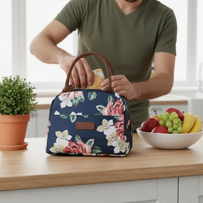 Homme plaçant un sandwich dans un sac isotherme à motifs floraux posé sur un plan de travail dans une cuisine, avec fruits et plante en arrière-plan.