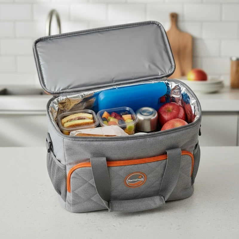 Sac isotherme gris ouvert avec intérieur aluminium, contenant un pain de glace bleu, des repas, des fruits et une boisson sur un plan de travail de cuisine.