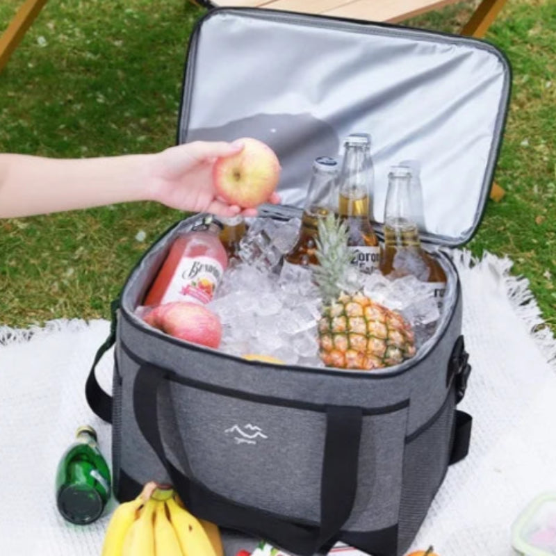 sac isotherme gris ouvert rempli de glaçons, fruits et boissons, utilisé lors d’un pique-nique en extérieur avec une main tenant une pomme