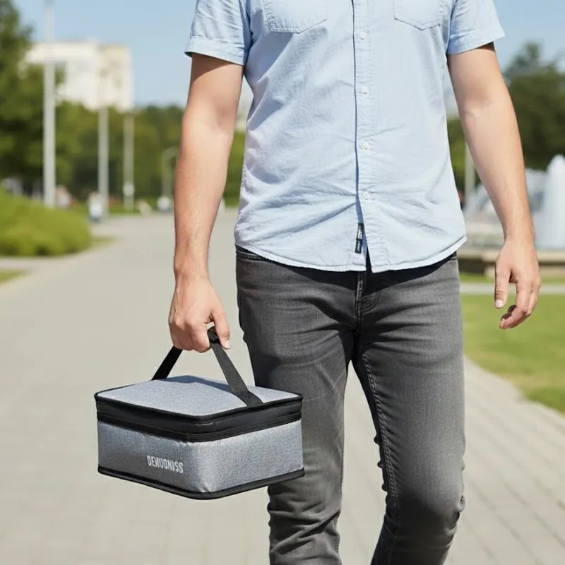 Sac isotherme gris transporté à la main par un homme en marchant en extérieur.