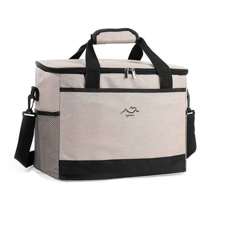 sac isotherme kaki avec base noire, bandoulière et poignées renforcées, présenté en vue studio sur fond blanc