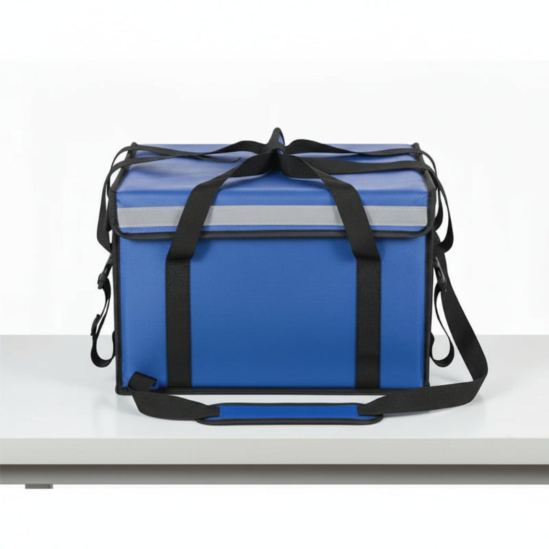 Sac isotherme de livraison rigide bleu, vu de l'avant, avec bandes réfléchissantes grises, sangles noires et bandoulière ajustable pour transport alimentaire poser sur une table blanche.
