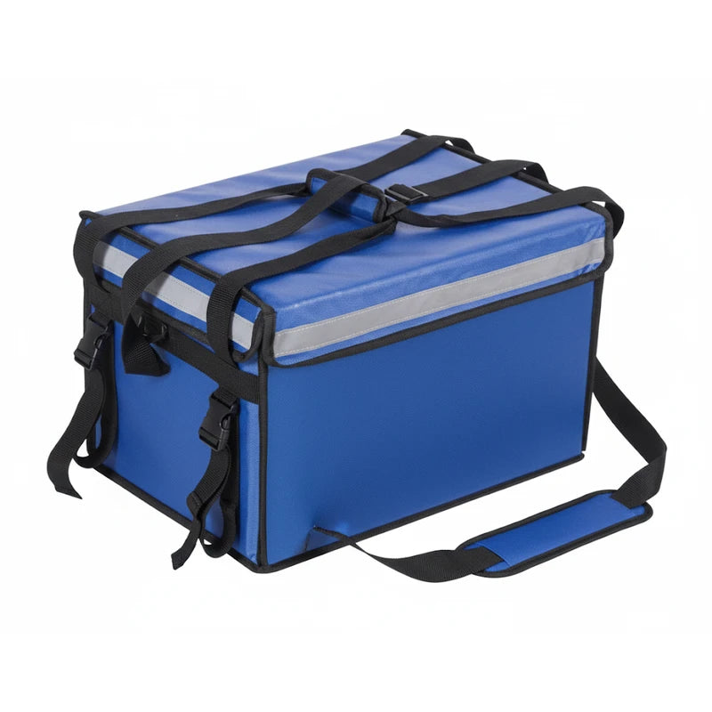 Sac isotherme de livraison rigide, couleur bleue avec finitions noires, sangles renforcées et bandoulière rembourrée, conçu pour le transport de repas.