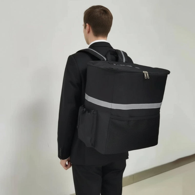Sac isotherme de livraison noir 35L porté sur le dos, avec bande réfléchissante et double fermeture éclair pour les trajets professionnels.