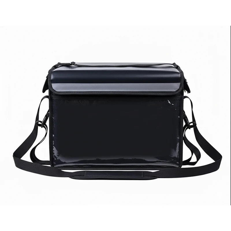 Sac isotherme noir avec paroi avant lisse et transparente, rabat renforcé et sangle réglable, conçu pour la livraison alimentaire.