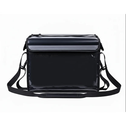 Sac isotherme noir avec paroi avant lisse et transparente, rabat renforcé et sangle réglable, conçu pour la livraison alimentaire.