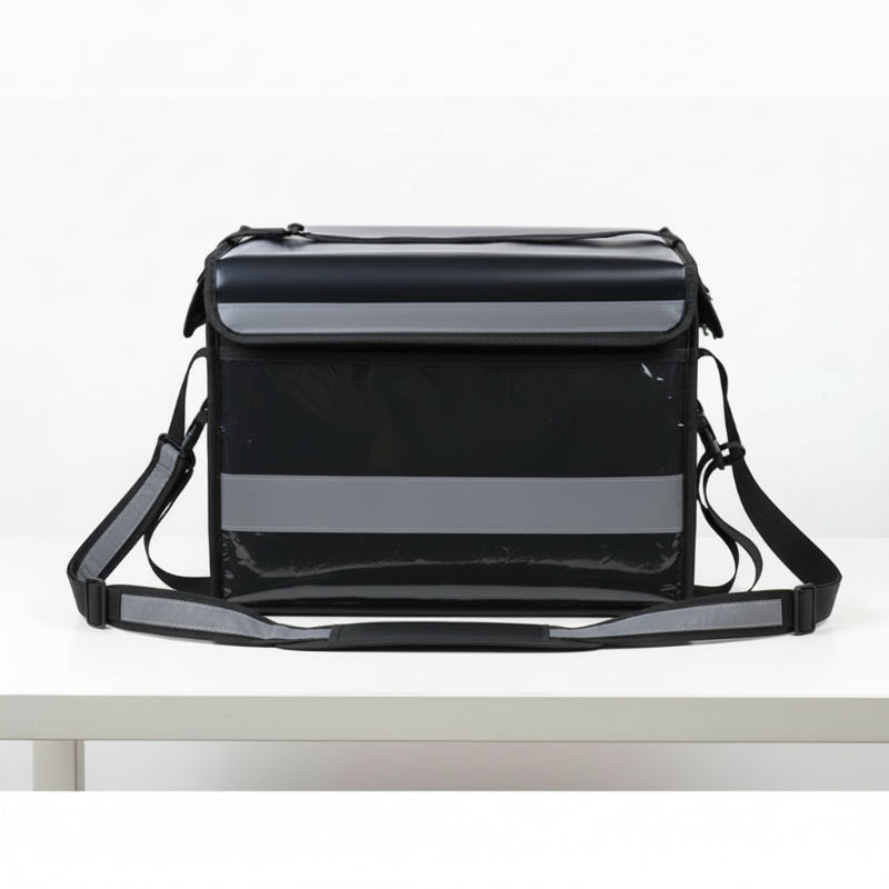 Sac isotherme noir avec paroi avant lisse et transparente, rabat renforcé et sangle réglable, conçu pour la livraison alimentaire poser sur une table blanche.