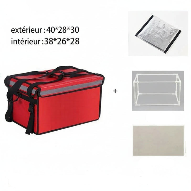 Sac isotherme de livraison repas rouge avec doublure isolante, dimensions extérieures 40x28x30 cm et intérieur spacieux pour plats chauds