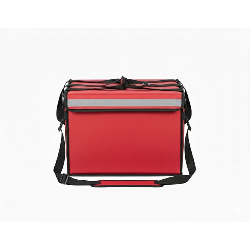 Sac isotherme de livraison rigide rouge, vu de face, avec bande réfléchissante grise et bandoulière noire ajustable, conçu pour transporter repas et boissons.