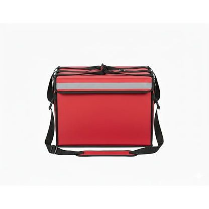 Sac isotherme de livraison rigide rouge, vu de face, avec bande réfléchissante grise et bandoulière noire ajustable, conçu pour transporter repas et boissons.