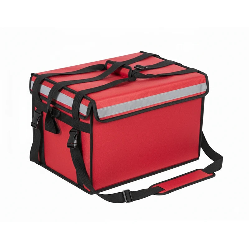 Sac isotherme de livraison rigide couleur rouge, avec bandes réfléchissantes, sangles de renfort et bandoulière rembourrée, idéal pour le transport de repas.